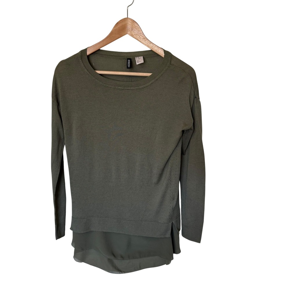 H&M Divided Sweater Women XS Olive Green Excellent Layered Open Back Chiffon Hem